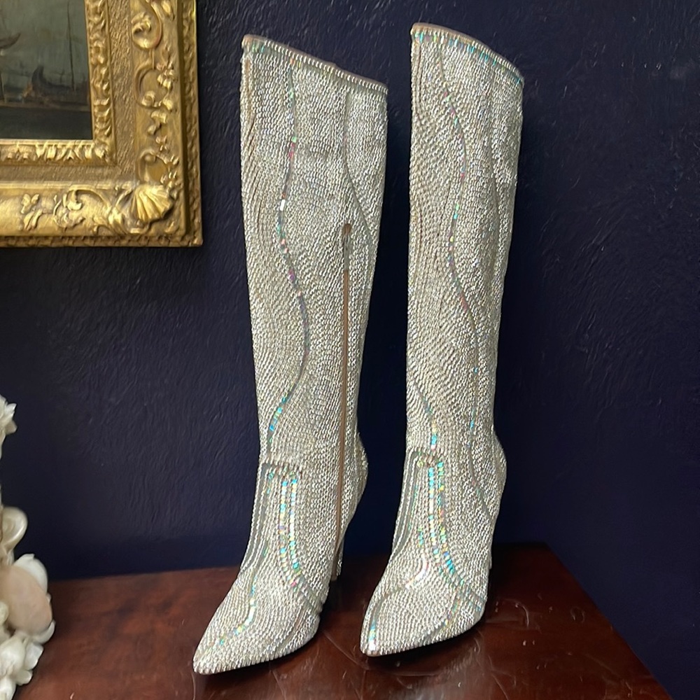 Pair of Rhinestone Azalea Wang Knee High Stiletto Boots